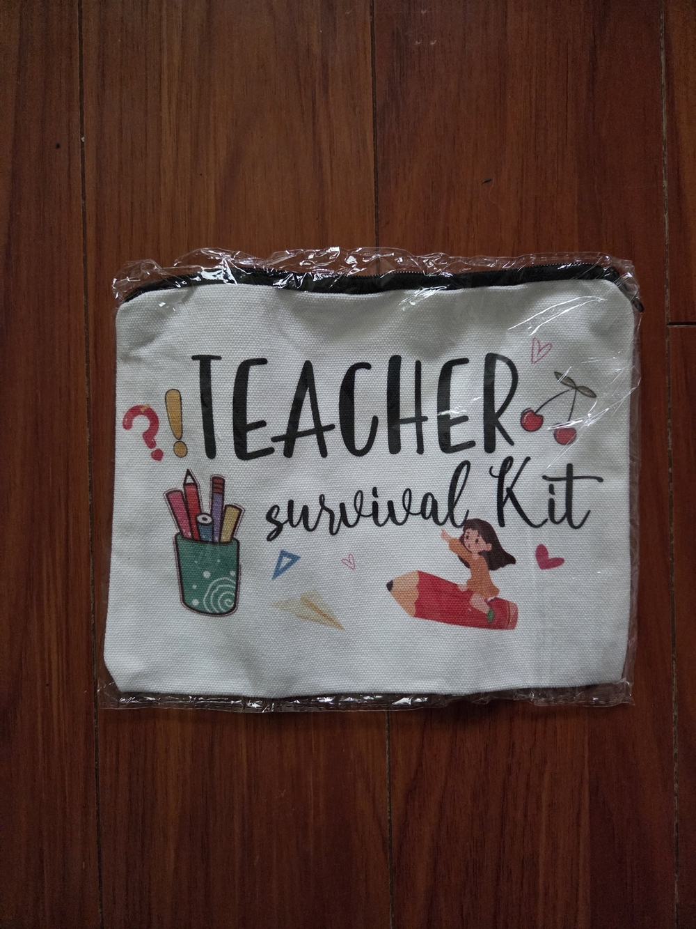 Teacher Survival Kit Canvas Pouch - White with Multi Color Print